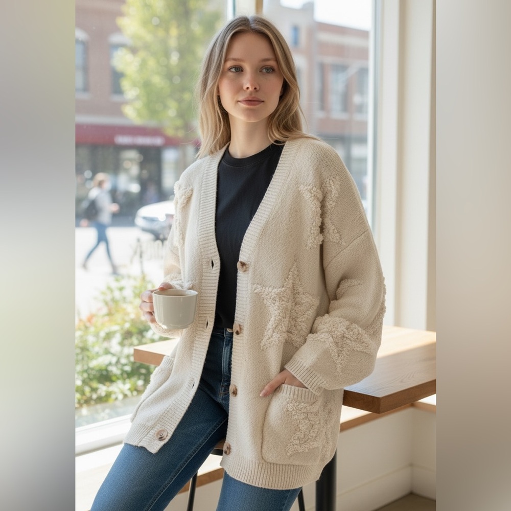 Double Take Women's Star Pattern Cream Cardigan